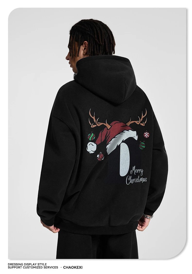 Christmas Reindeer Fleece Thermal Unisex Hoodie Burgundy - Gallery Image 12 - Detailed View