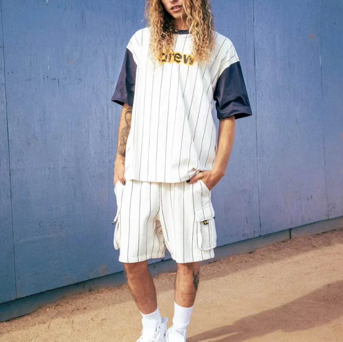 Streetwear Stripe Cotton Logo Tee Navy White - Gallery Image 10 - Detailed View