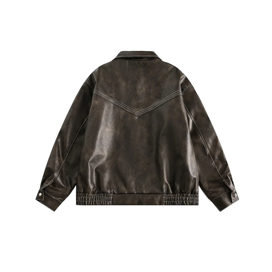 Men's Retro PU Leather Biker Jacket Spring Fall, Cognac - Gallery Image 3 - Detailed View