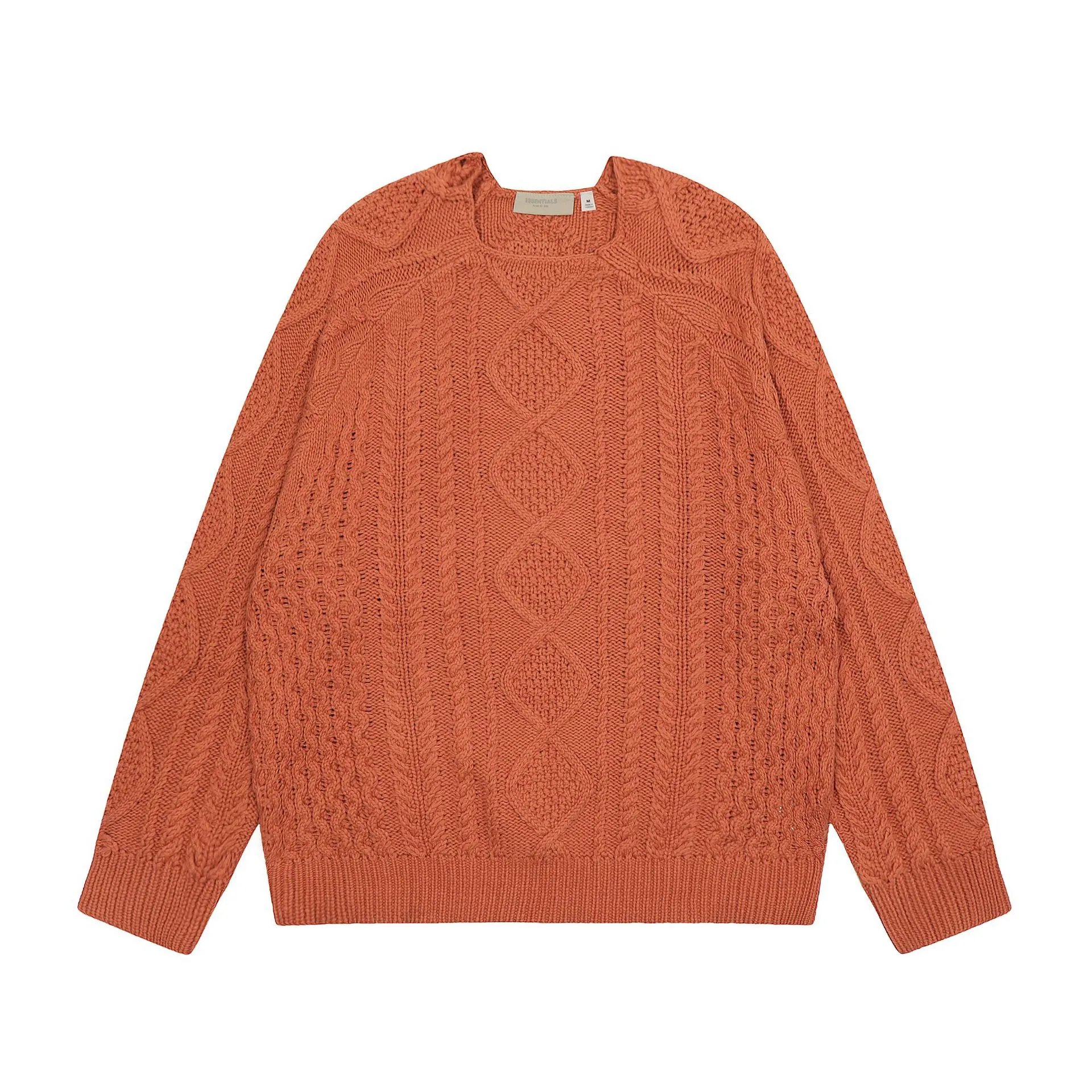 Cable Knit Crew Neck Sweater Unisex Burnt Orange - Essentials - Cnfans - $52.26