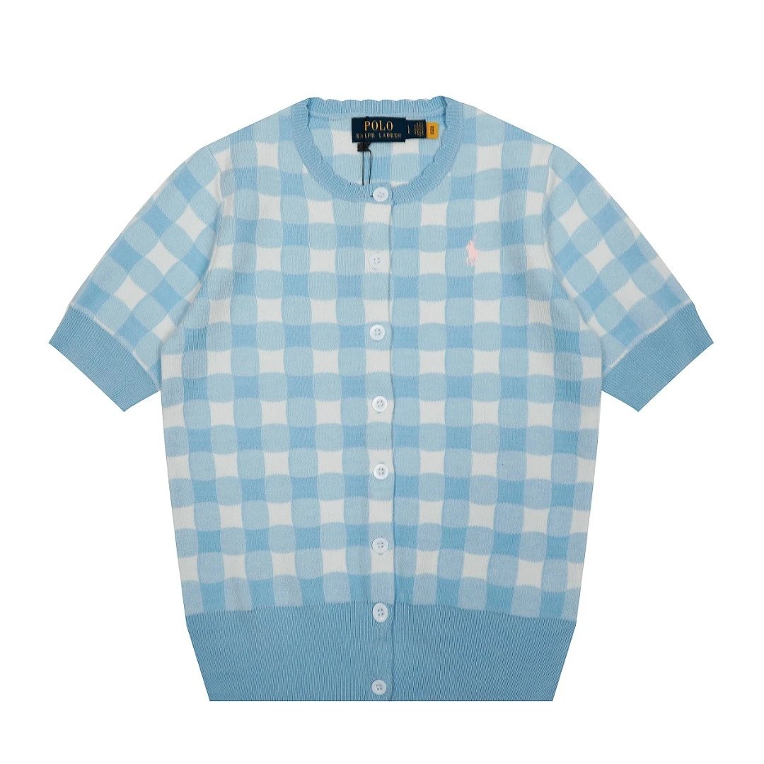 Casual Plaid Knit Cardigan Short Sleeve Top Azure - Ralph Lauren - Cnfans - $29.03