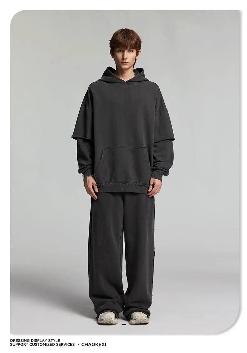 Autumn Loose Fit Hoodie Set Unisex Washed Jet Black - Gallery Image 5 - Detailed View