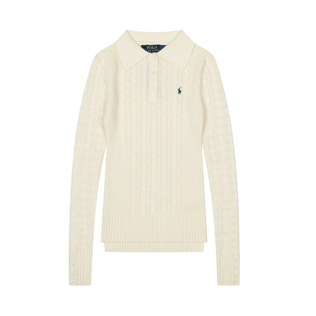 Cable-Knit Women's Cotton Polo Sweater - Cream - Ralph Lauren - Cnfans - $42.58
