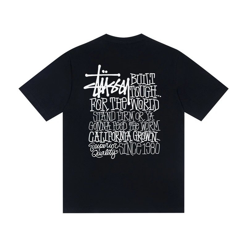 Street Style Cotton Tee Unisex Letter Print Onyx - Stussy - Cnfans - $19.35