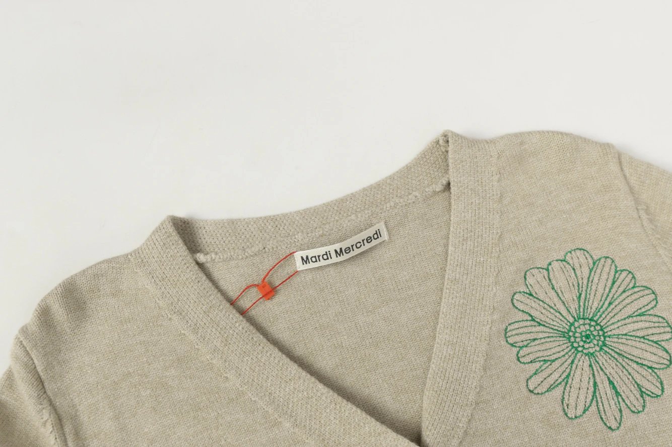 Women's V-Neck Knit Cardigan Daisy Embroidery Oatmeal - Gallery Image 12 - Detailed View