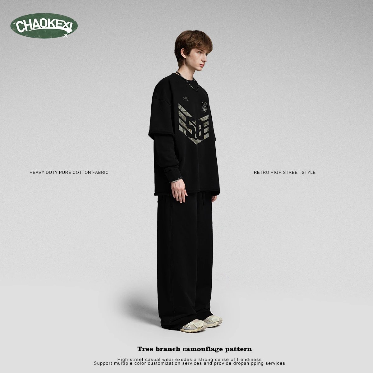 Drop Shoulder Washed Crewneck Sweatshirt Onyx Black - Gallery Image 3 - Detailed View