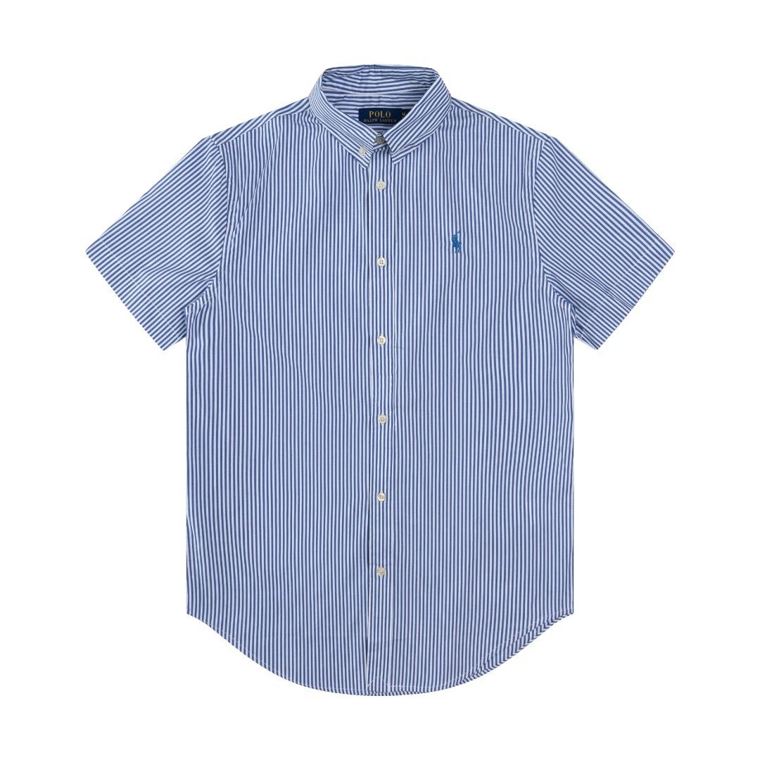 Striped Cotton Short Sleeve Casual Shirt Azure - Ralph Lauren - Cnfans - $30.32