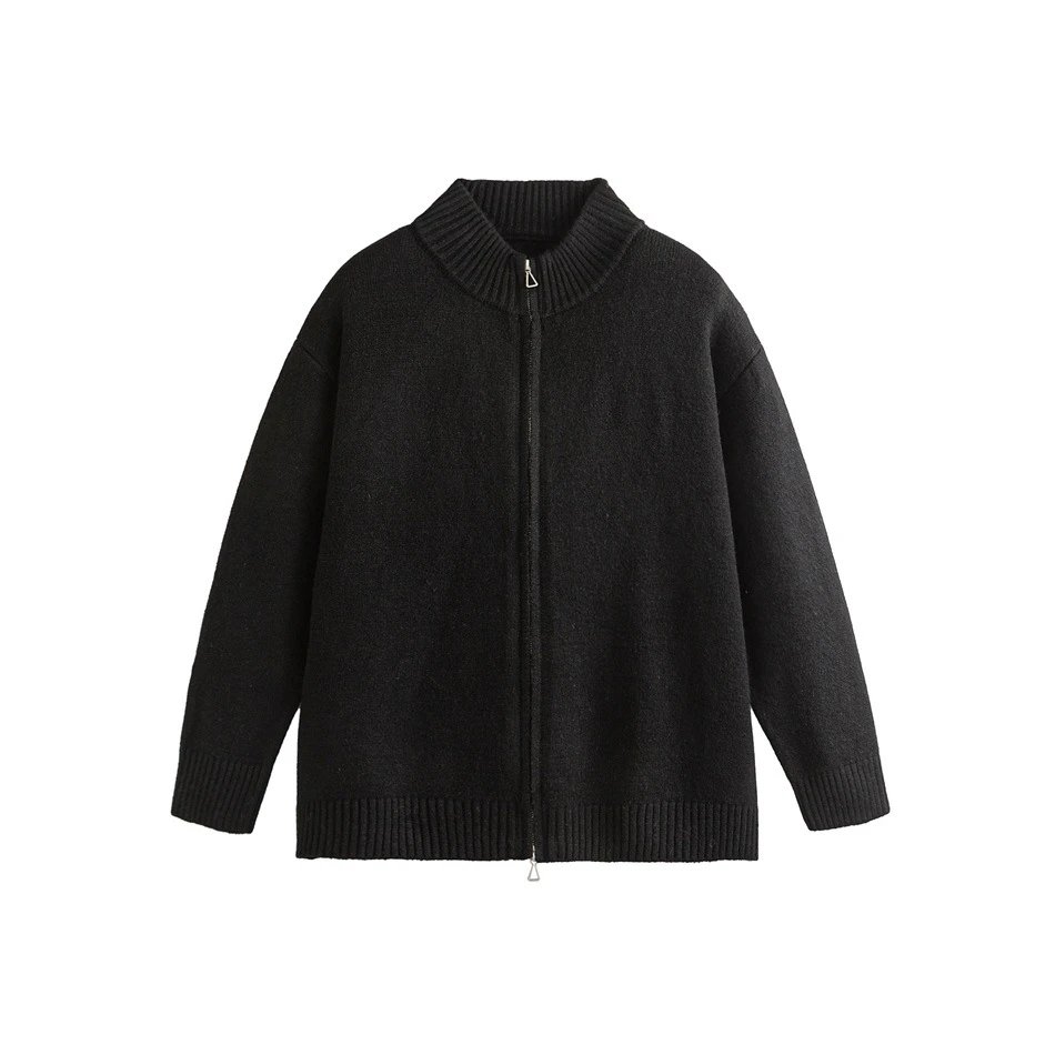 Unisex Retro Knit Full-Zip Cardigan Fall Sweater Onyx Black - High Quality Product Image - Cnfans