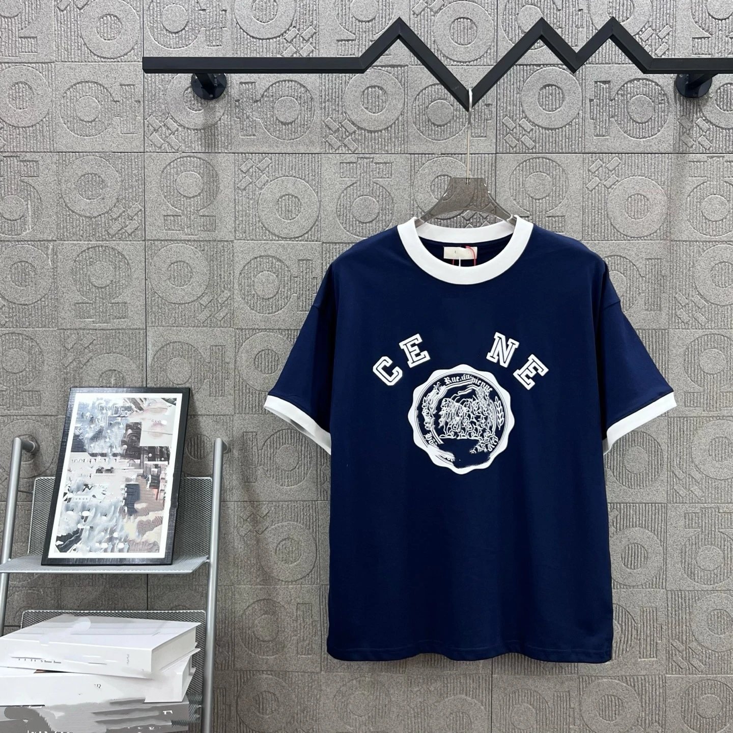 Relaxed Fit Ringer Graphic Tee, Crew Neck, Arch Print, Midnight Blue - Celine - Cnfans - $30.00