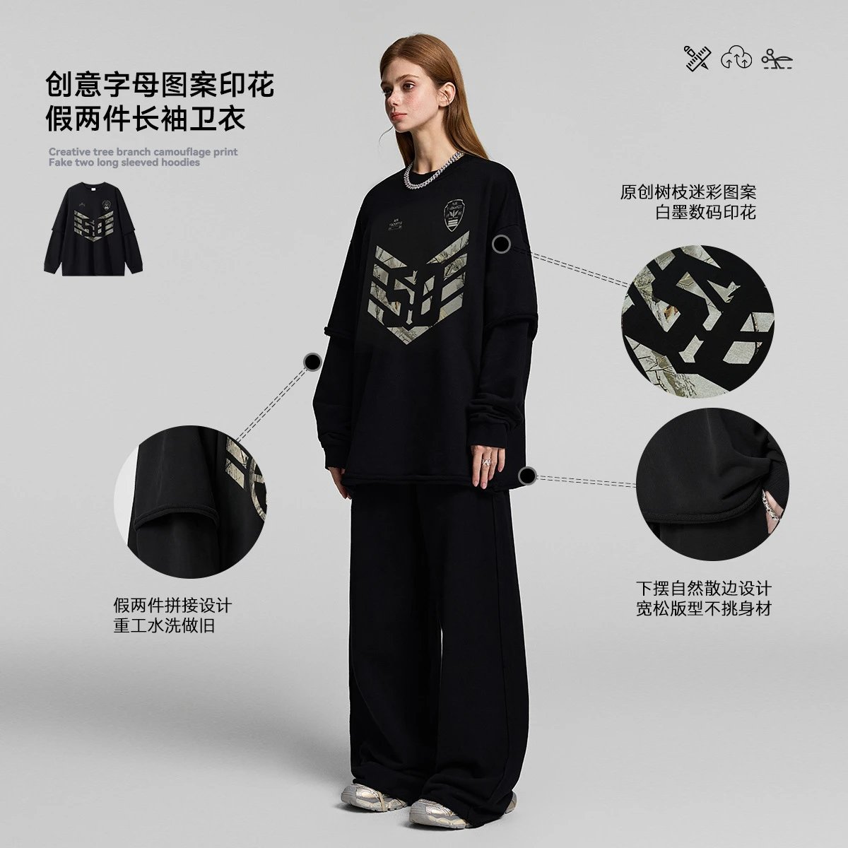 Drop Shoulder Washed Crewneck Sweatshirt Onyx Black - Gallery Image 2 - Detailed View