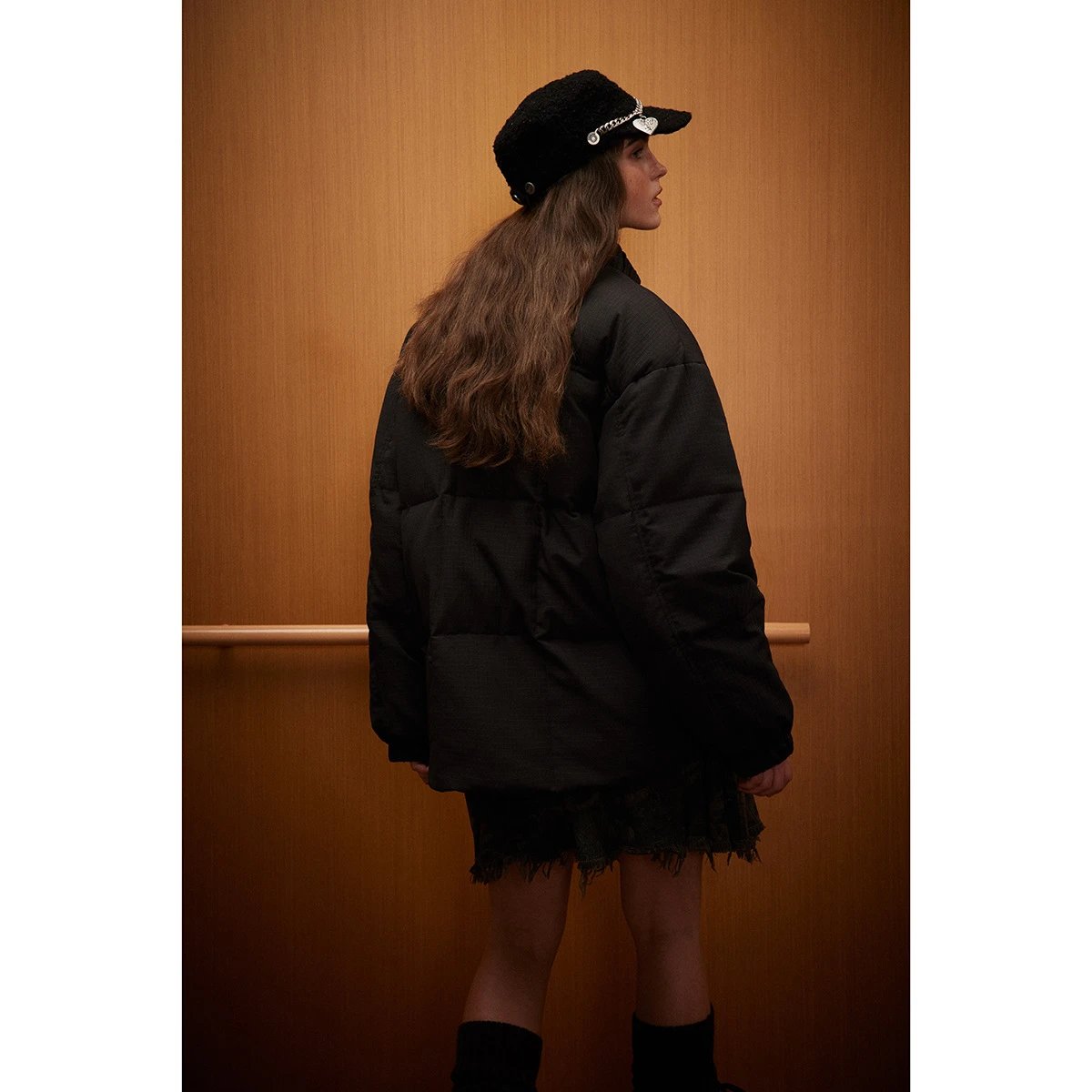 Retro Loose Unisex Down Puffer Jacket, Stand Collar, Olive Green - Gallery Image 6 - Detailed View