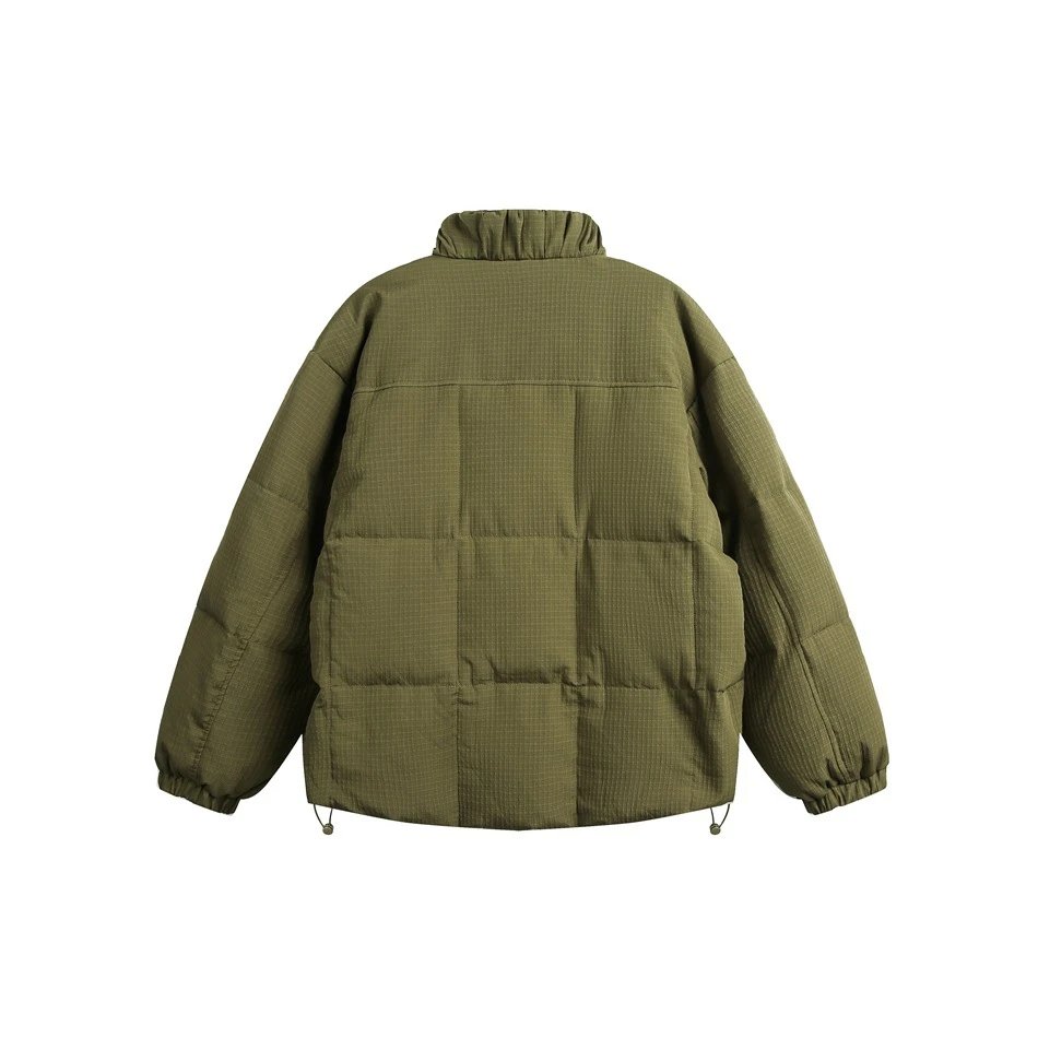 Retro Loose Unisex Down Puffer Jacket, Stand Collar, Olive Green - Gallery Image 11 - Detailed View