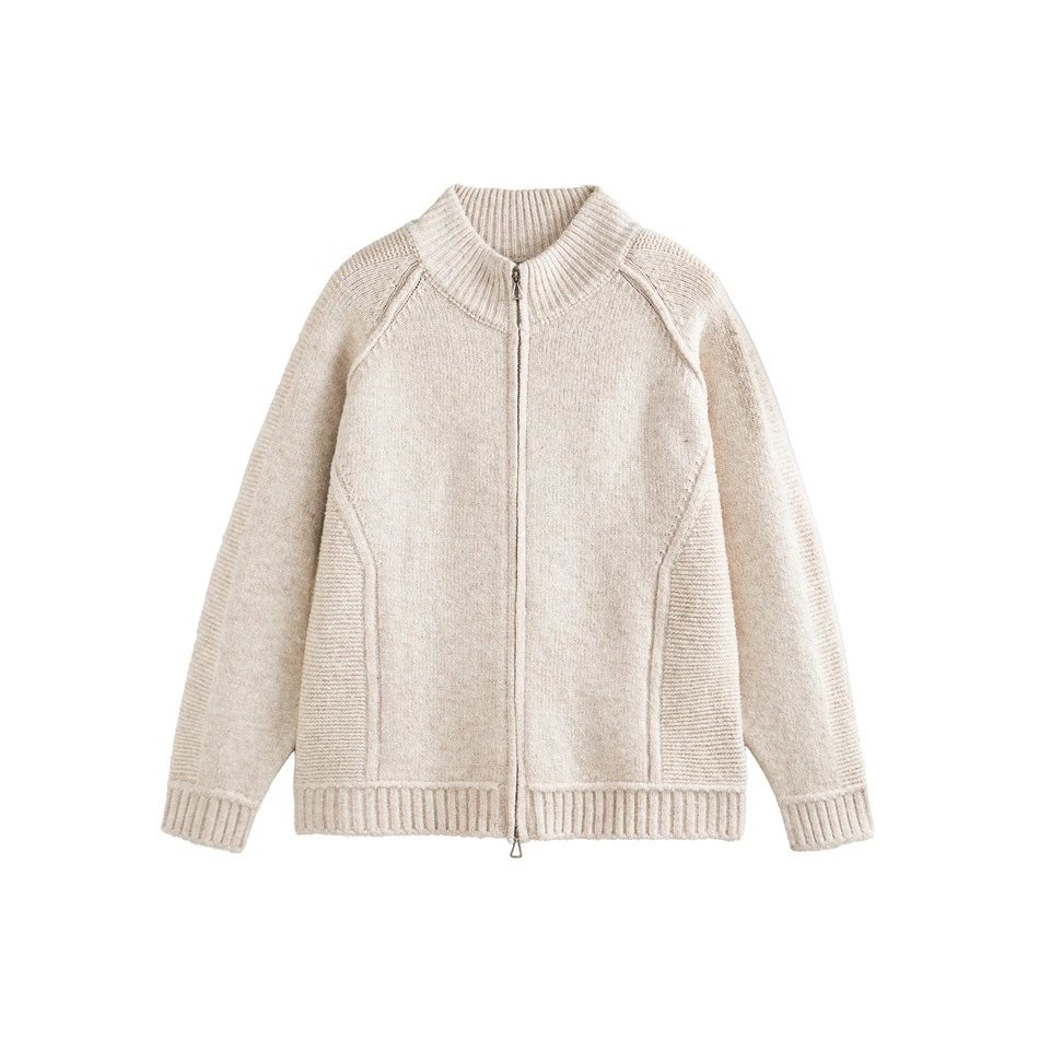 Unisex Old Money Style Full-Zip Knit Cardigan, Ecru - High Quality Product Image - Cnfans
