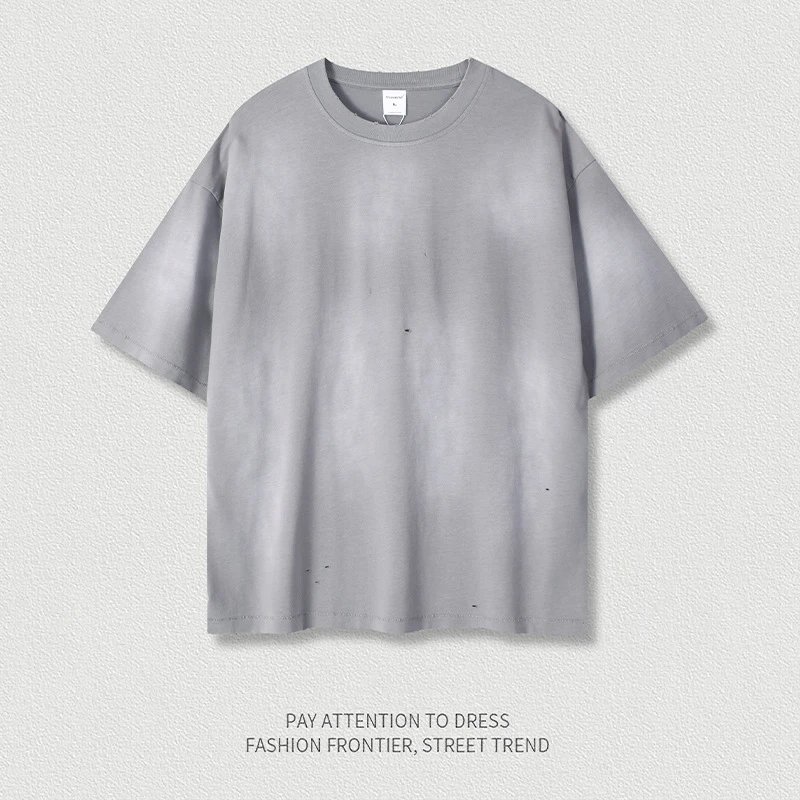 Men's Distressed Cotton Tee, Street Style, Slate Gray - Related Product - Cnfans