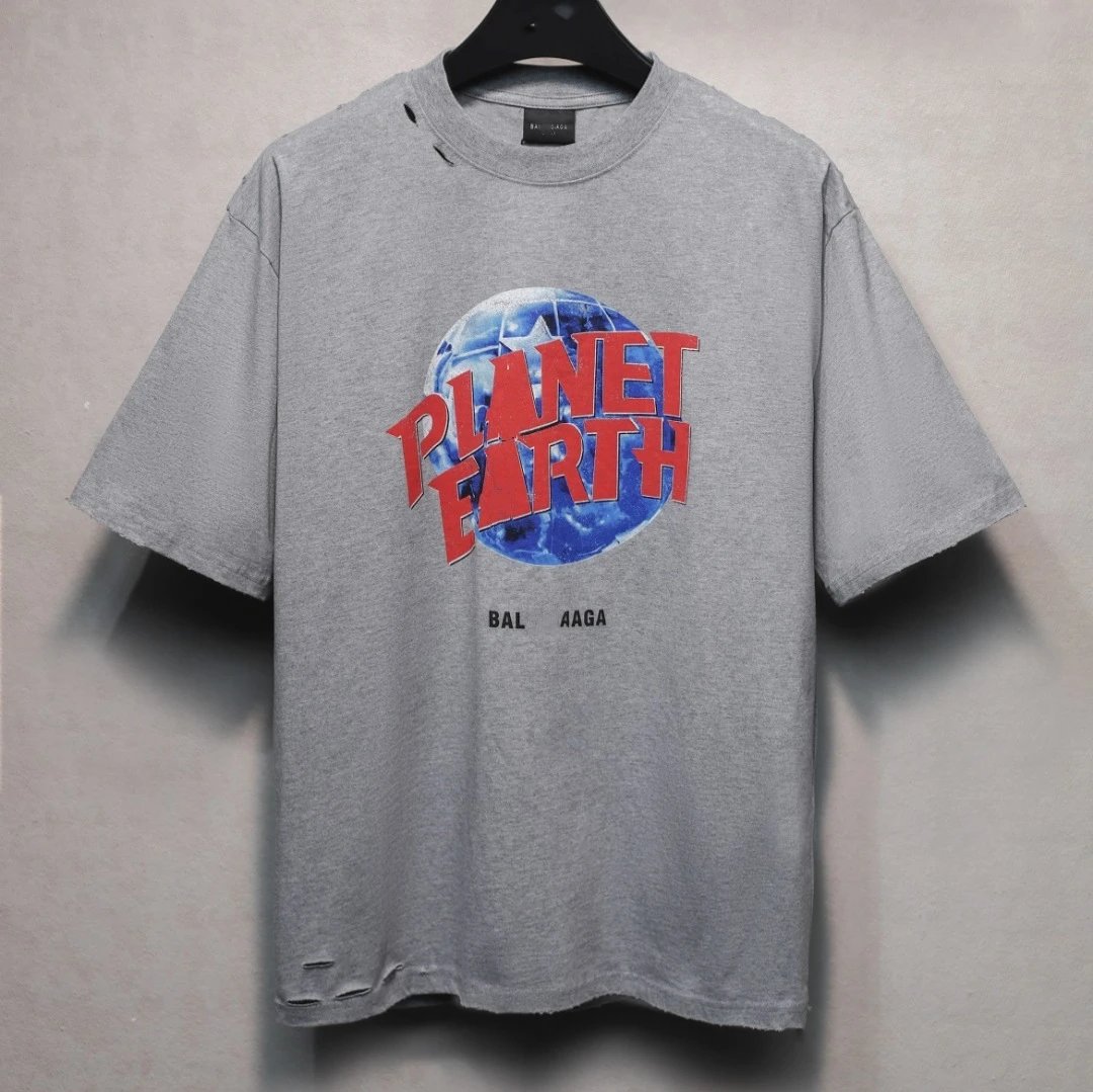 Unisex Oversized Distressed Planet Earth Graphic Tee Summer Heather Grey - Gallery Image 1 - Detailed View