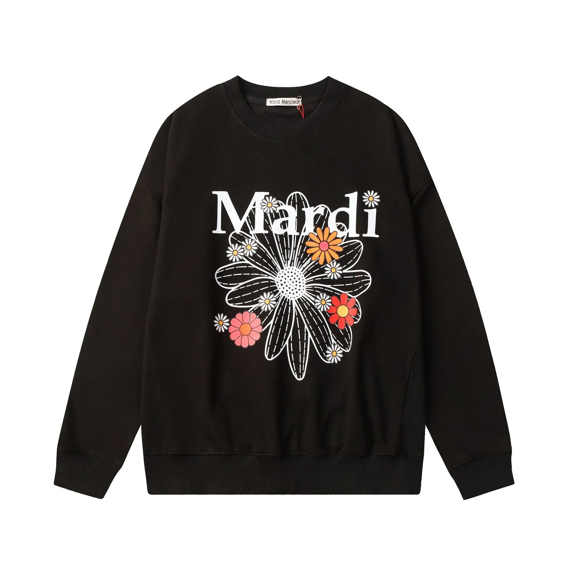 Women's Trendy Daisy Floral Crewneck Sweatshirt, Cozy Cotton, Jet Black - Mardi Mercredi - Cnfans - $26.45
