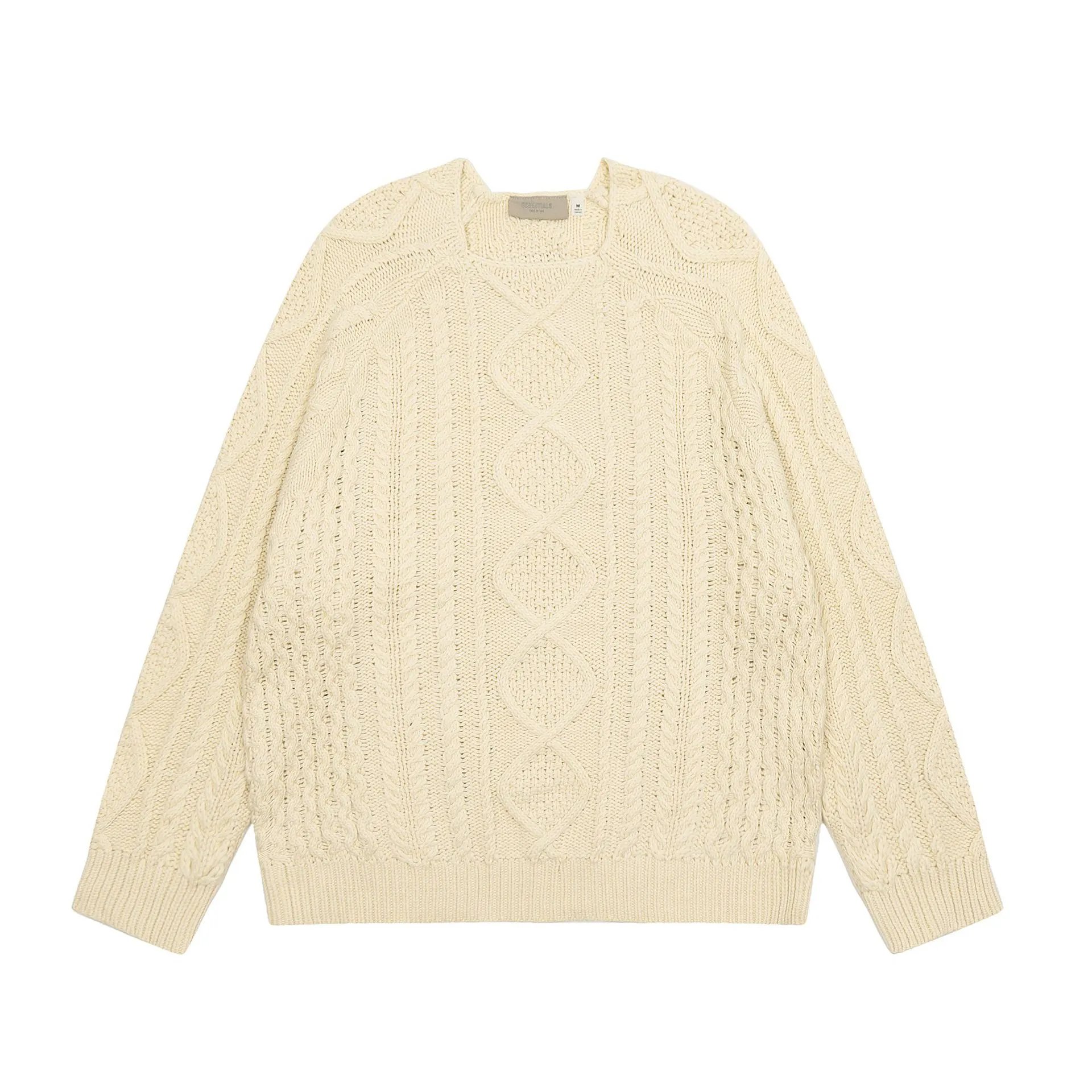 Cable Knit Wool Blend Pullover Sweater, Ecru - Essentials - Cnfans - $52.26