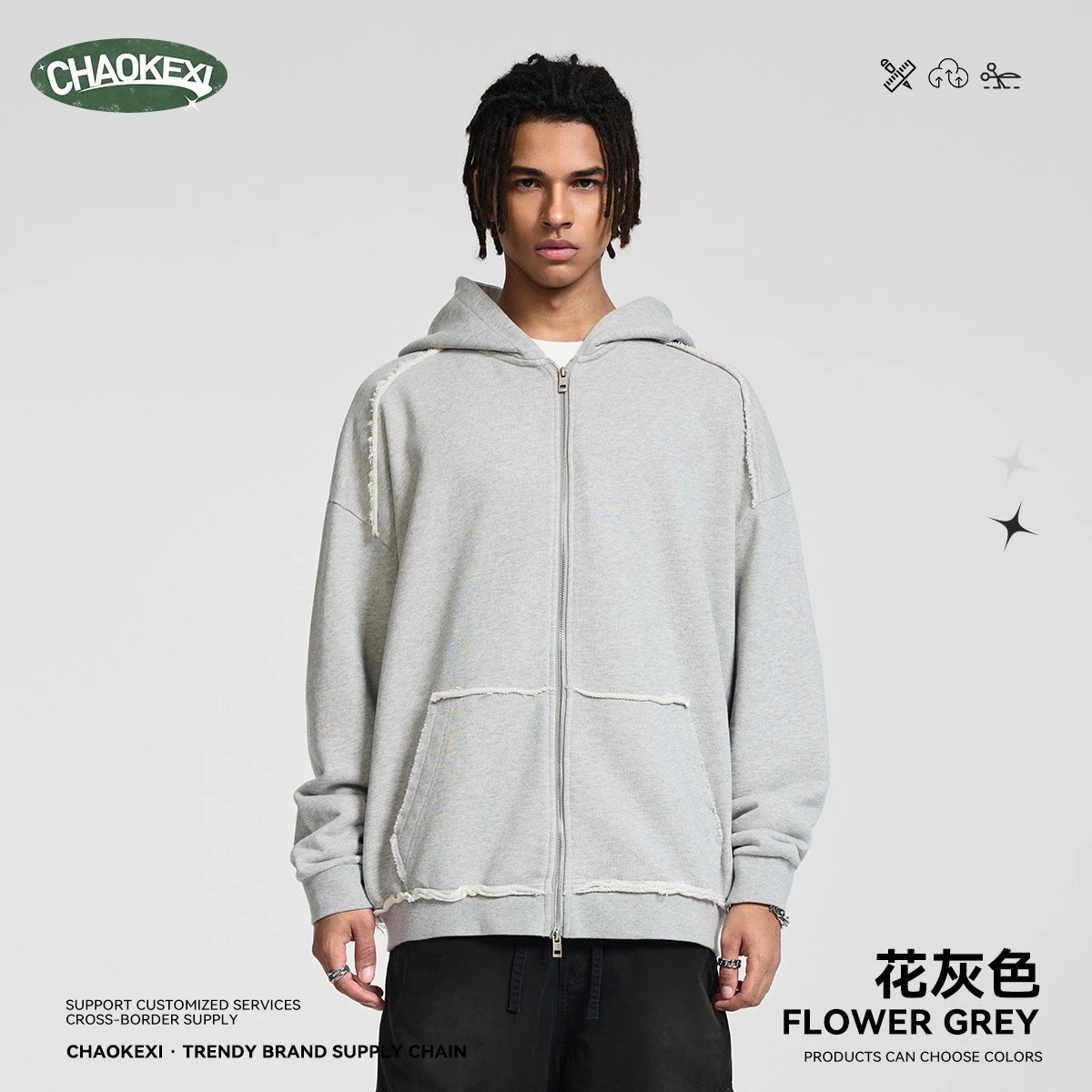 Vintage Zip Up Hoodie Unisex Cotton Pullover Flower Gray - CHAOKEXI - Cnfans - $36.69