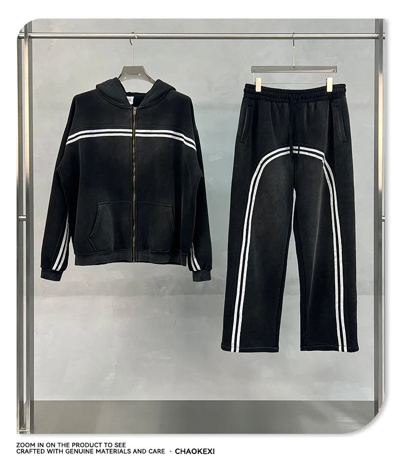 Men's Fleece Sport Knit Zip Up Hoodie Set Washed Black - Gallery Image 5 - Detailed View