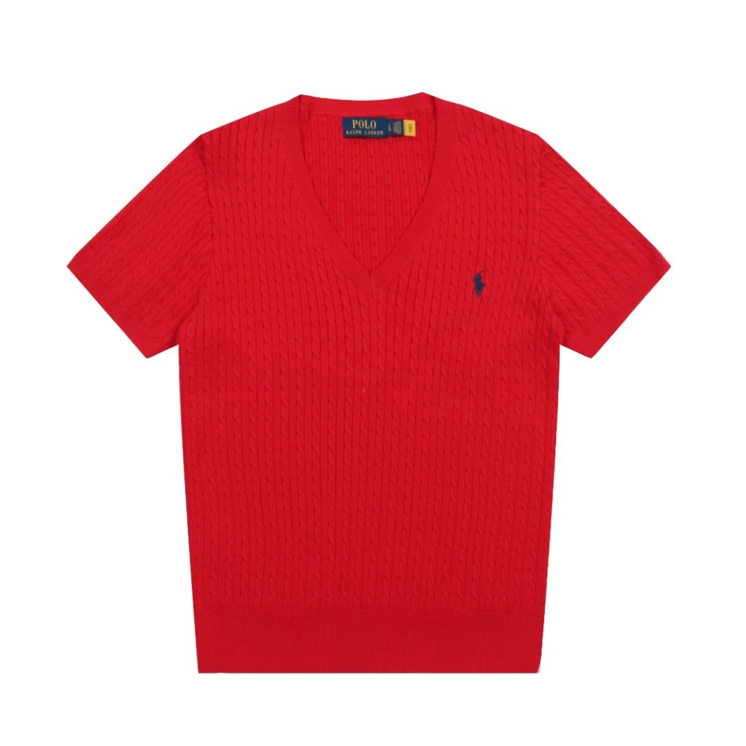 Summer Cable-Knit V-Neck Cotton Tee, Scarlet - Ralph Lauren - Cnfans - $26.45