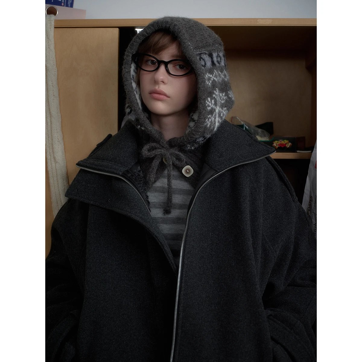 Winter Unisex Retro Wool Blend Padded Jacket Anthracite - Gallery Image 4 - Detailed View