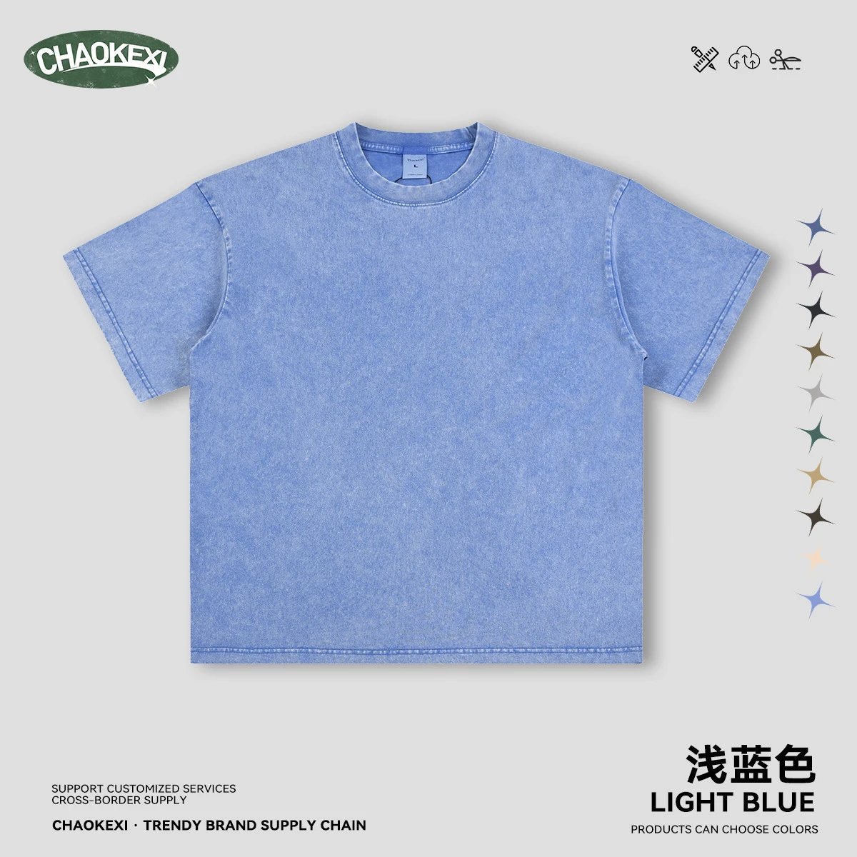 Vintage Cotton Short Sleeve Tee, Sky Blue - CHAOKEXI - Cnfans - $17.66