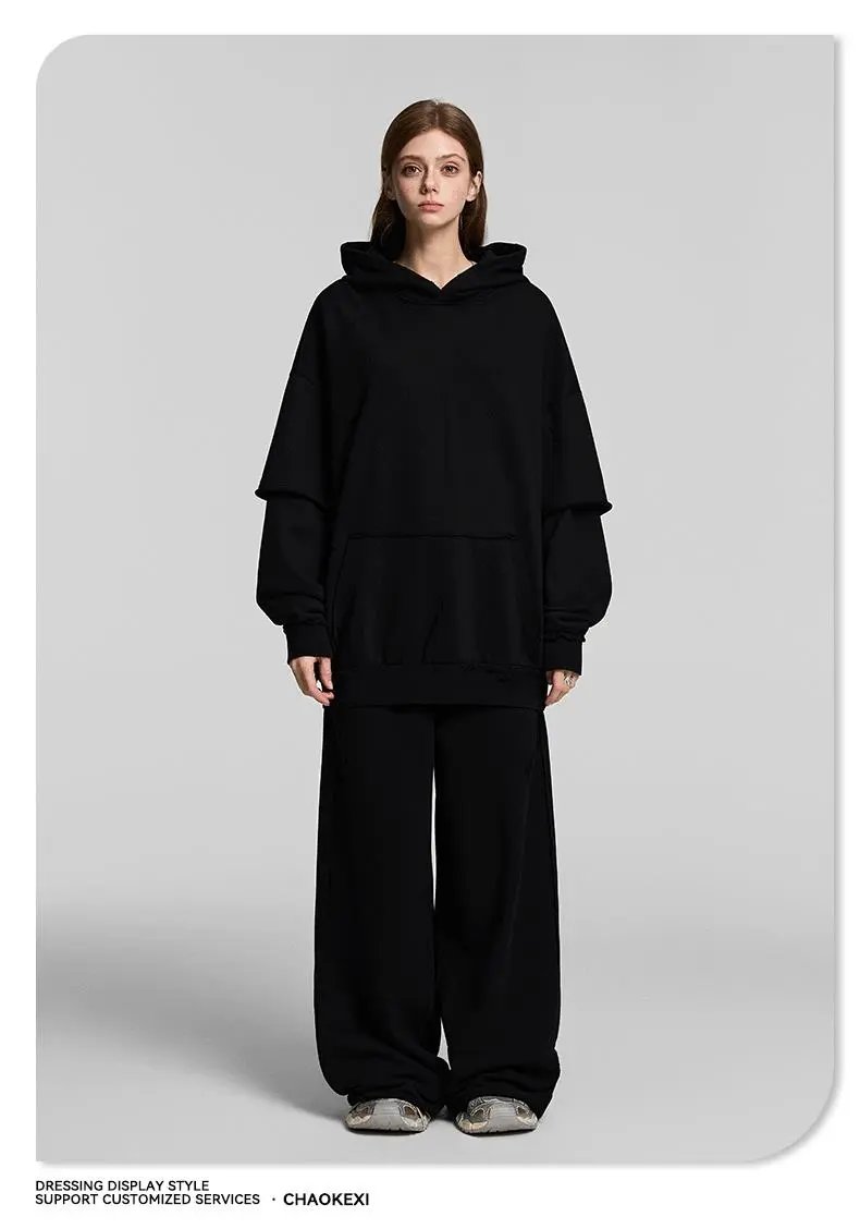 Retro Cotton Fake Two-Piece Set Unisex Jet Black - Gallery Image 6 - Detailed View