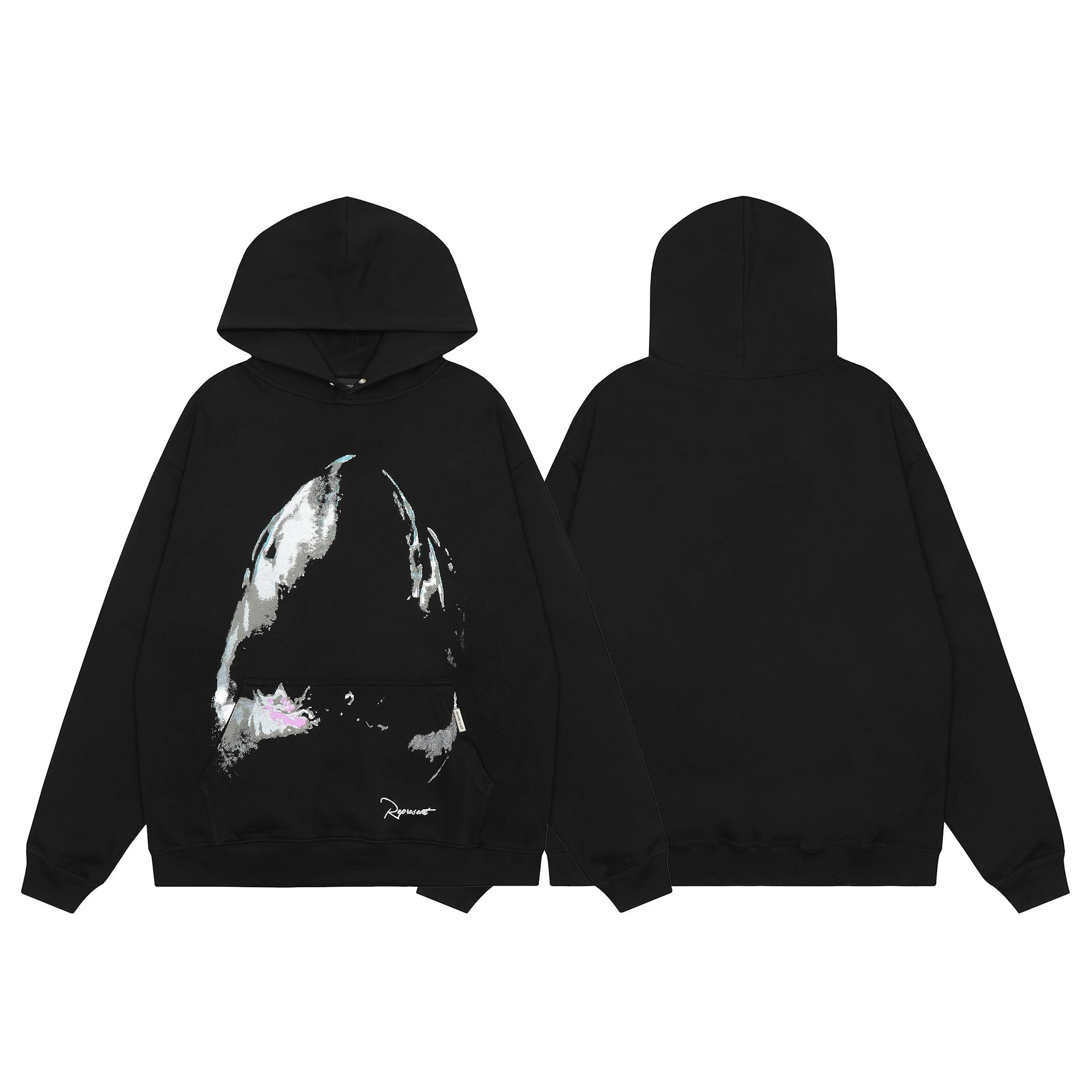 Street Shark Cotton Hoodie Unisex Pullover Onyx - Gallery Image 1 - Detailed View