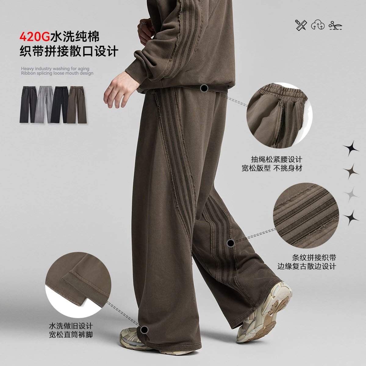 Men's Cotton Wide Leg Washed Pants, Oversize - Charcoal - Gallery Image 1 - Detailed View