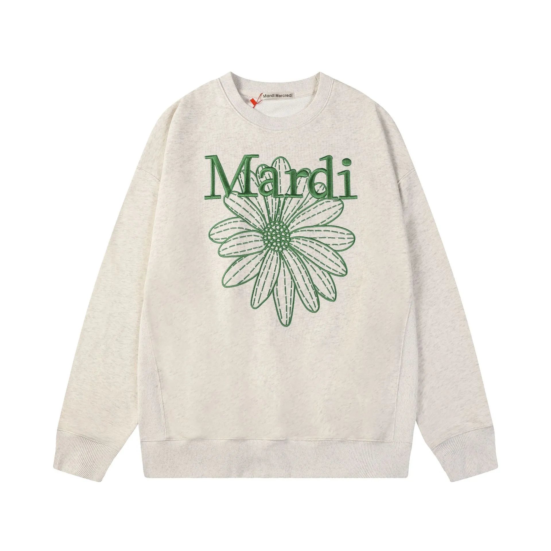 Women's Classic Daisy Embroidered Crewneck Pullover, Heather Grey - Gallery Image 2 - Detailed View