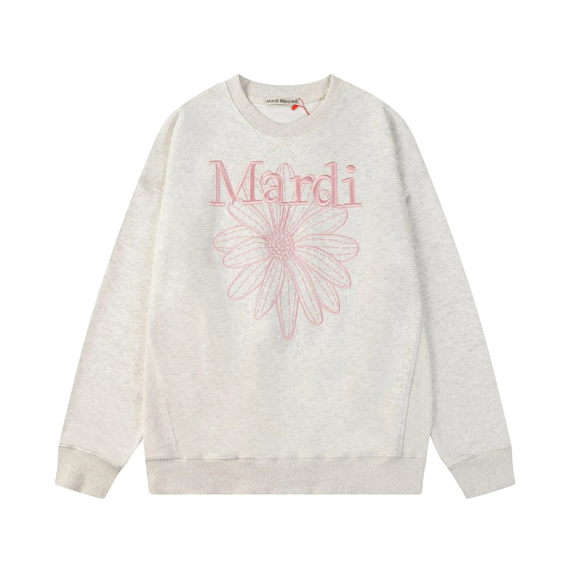 Women's Classic Daisy Embroidered Crewneck Pullover, Heather Grey - Gallery Image 4 - Detailed View