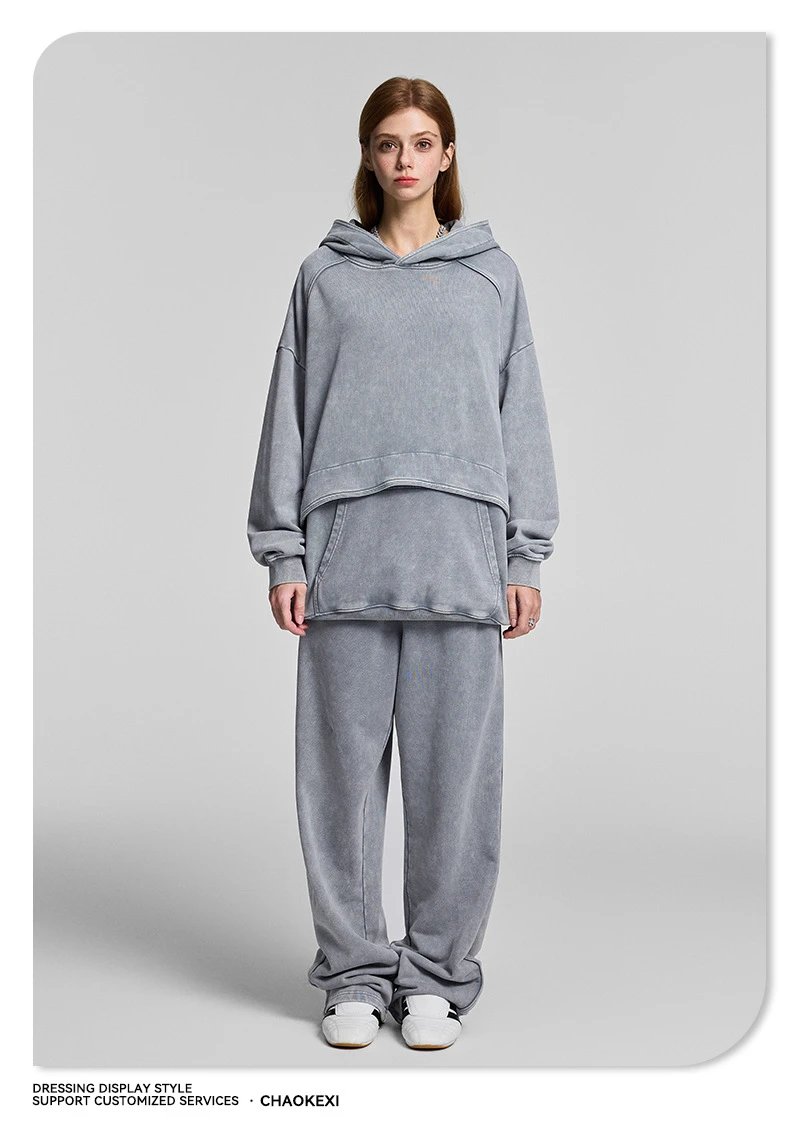 Unisex Loose Fit Washed Hoodie Sweatpants, Charcoal - Gallery Image 3 - Detailed View
