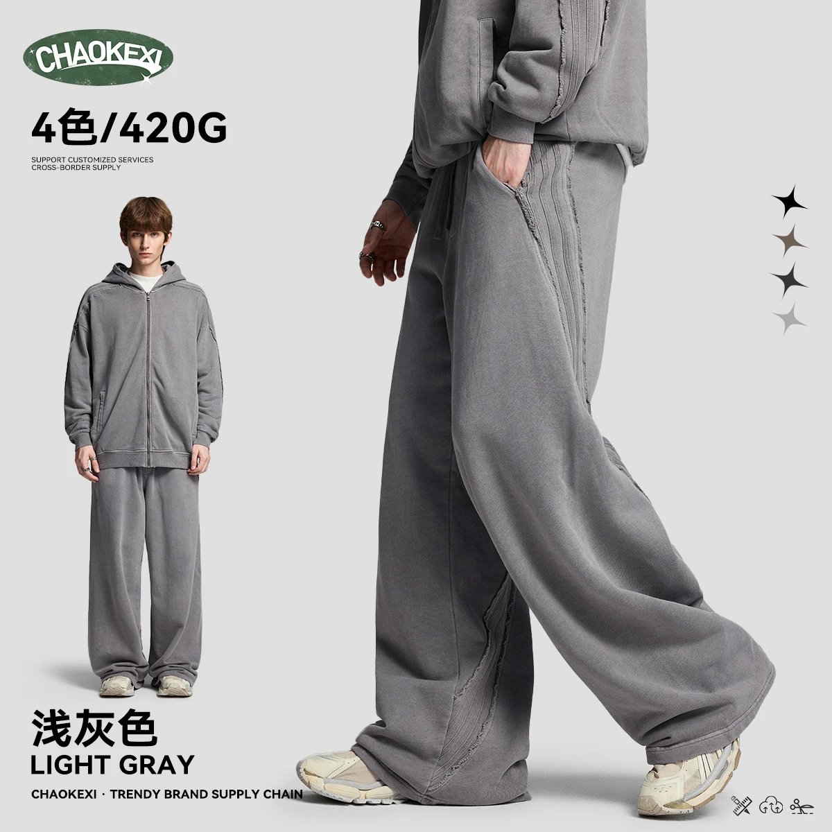 Vintage Cotton Blend Wide Leg Men's Sweatpants - Ash Grey - ChaoKeXi - Cnfans - $30.56