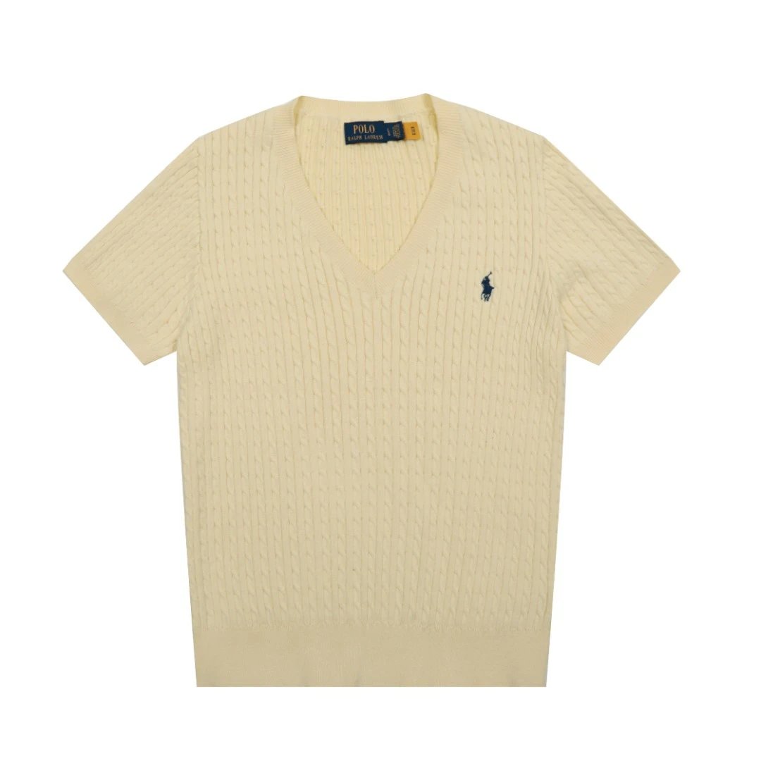 Classic Cable-Knit V-Neck Tee Summer Top Ivory - Ralph Lauren - Cnfans - $26.45