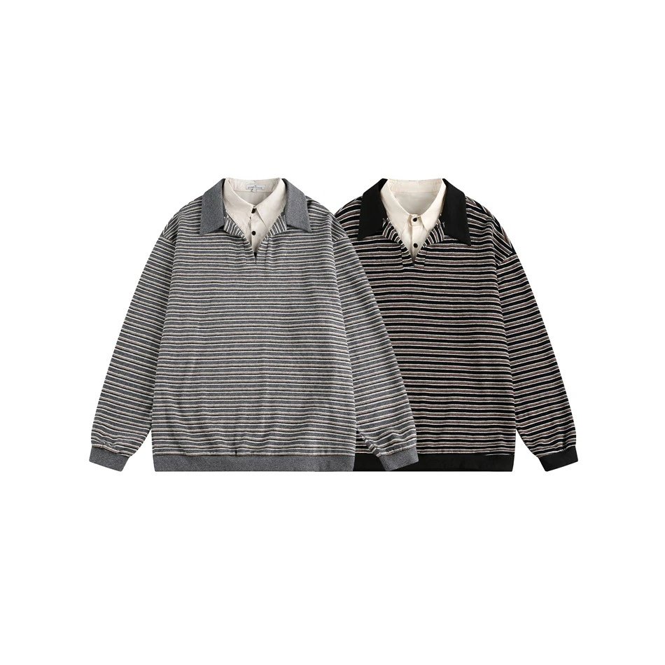 Oversized Striped Polo Shirt Unisex Long Sleeve Layered Obsidian - Gallery Image 12 - Detailed View