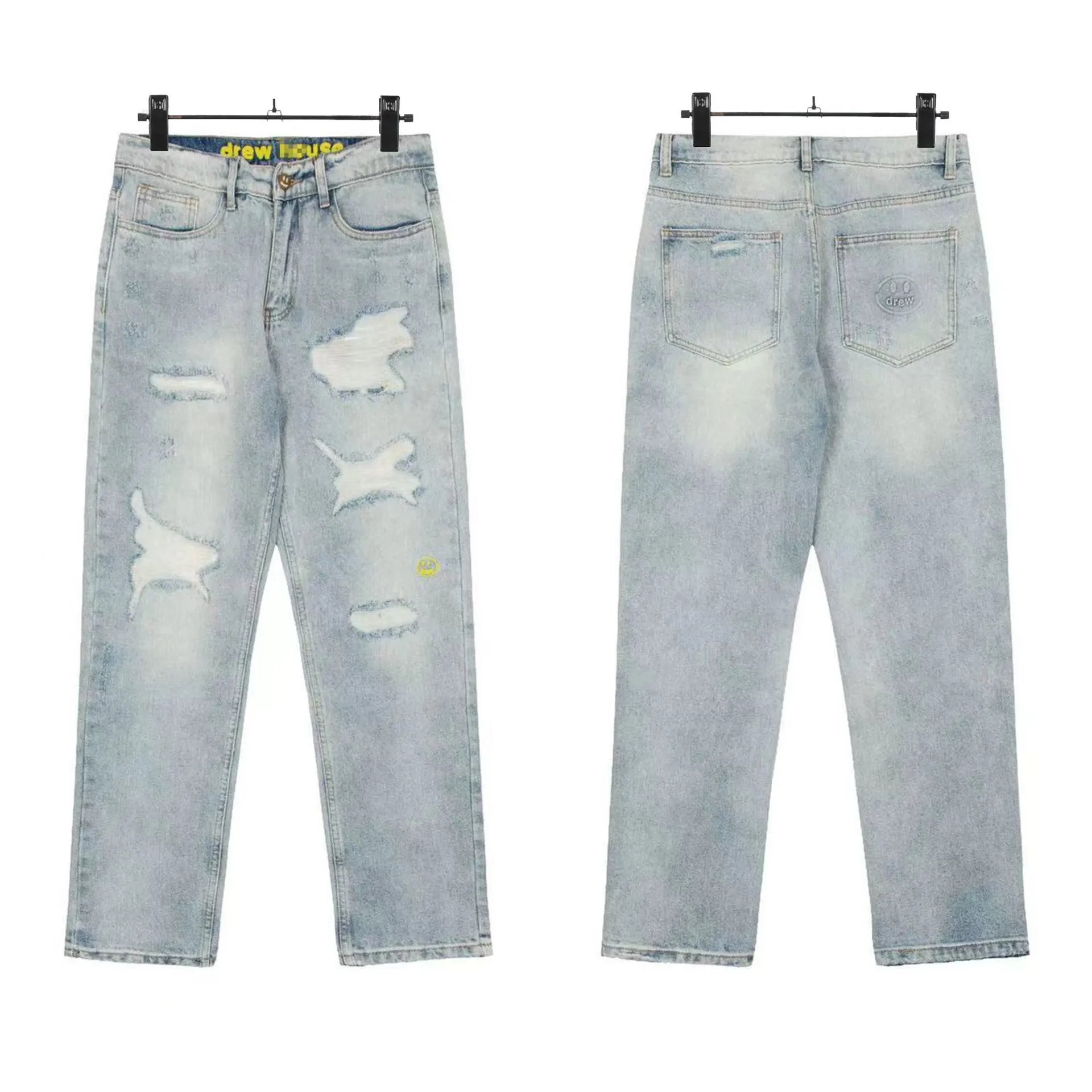 Unisex Ripped Washed Denim Jeans Ice Blue - Drew(Drew House) - Cnfans - $40.00