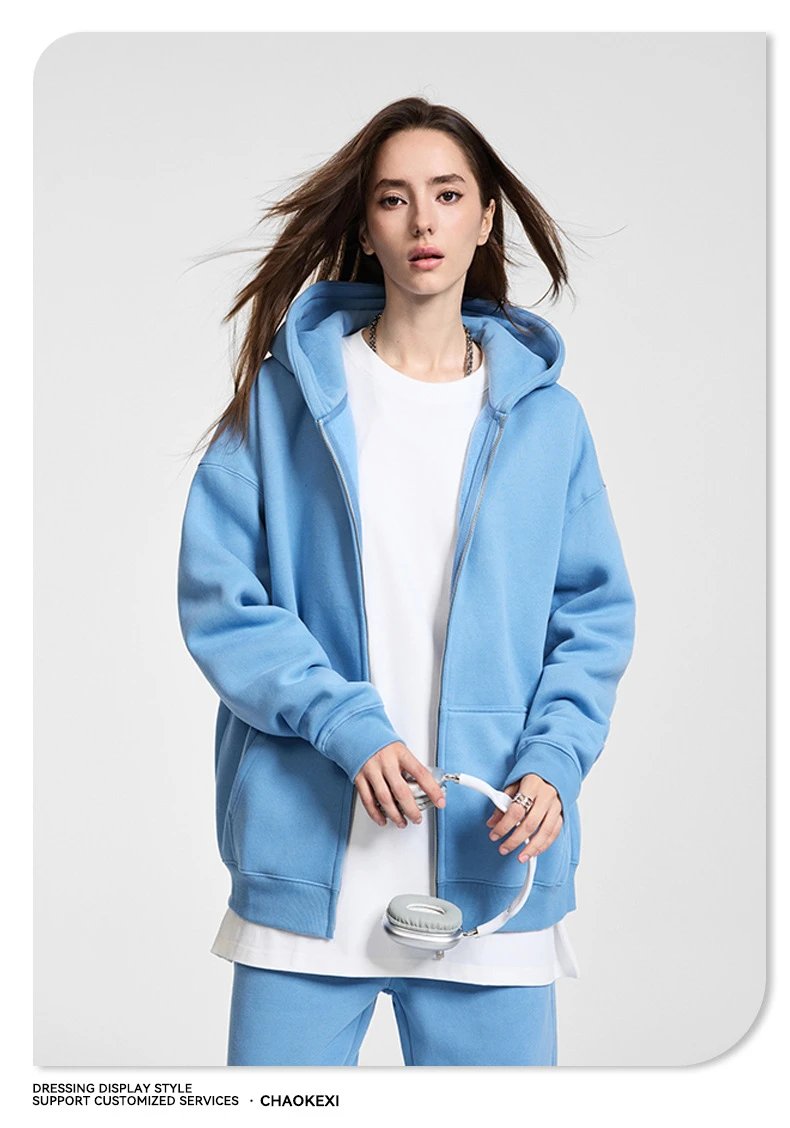 Men Streetwear Fleece Zip Hoodie 350G Loose Fit Iron Gray - Gallery Image 6 - Detailed View