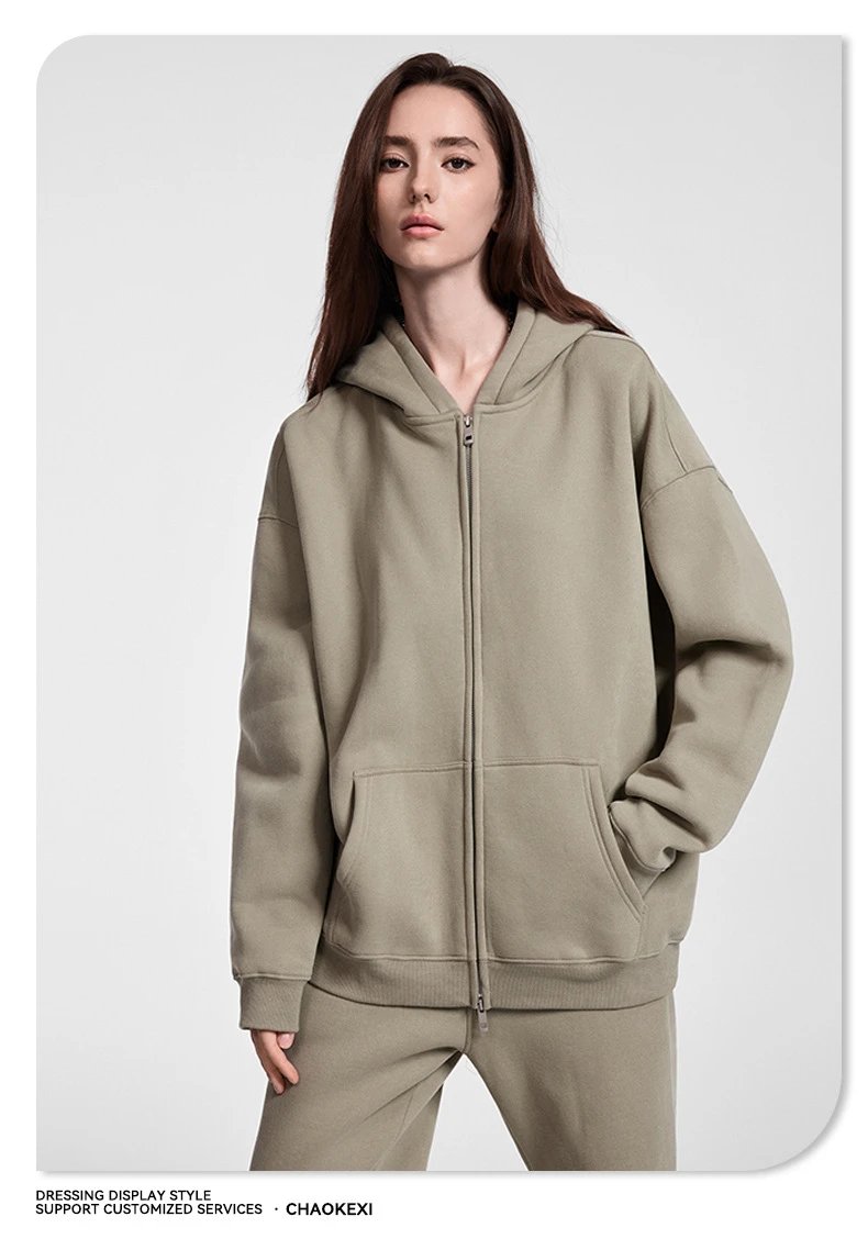 Men Streetwear Fleece Zip Hoodie 350G Loose Fit Iron Gray - Gallery Image 9 - Detailed View