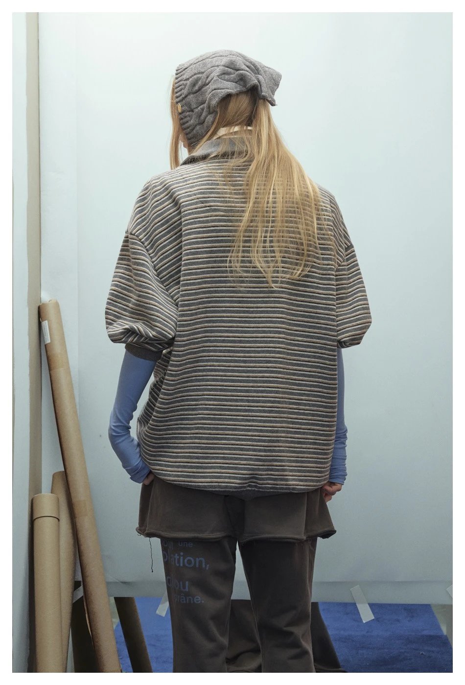 Oversized Striped Polo Shirt Unisex Long Sleeve Layered Obsidian - Gallery Image 7 - Detailed View