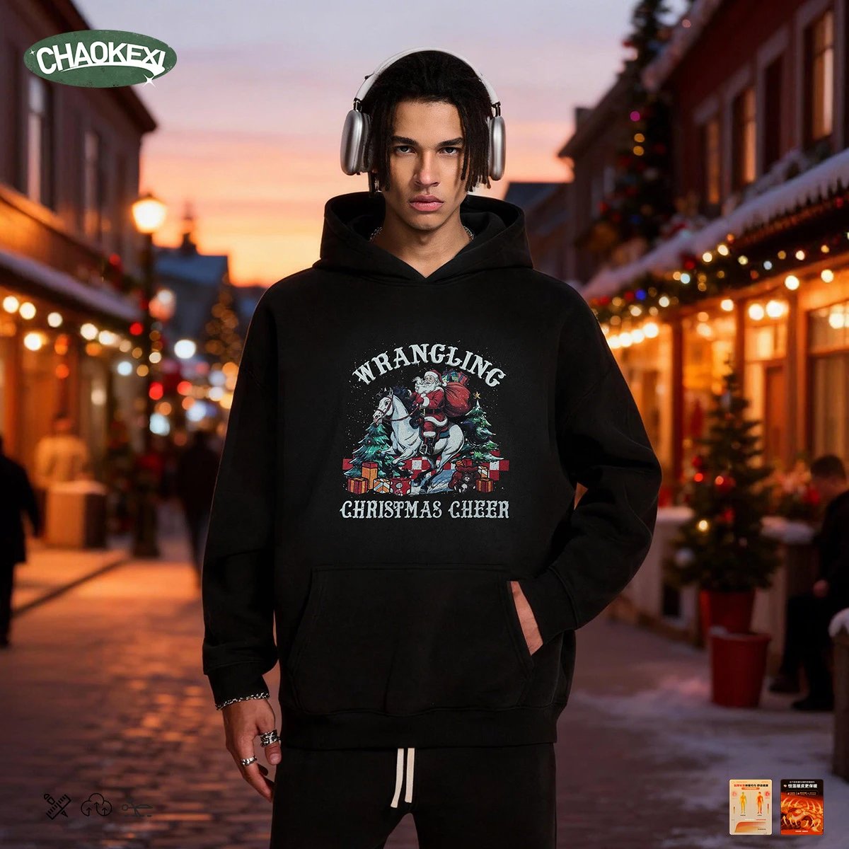 Christmas Pattern Fleece Hoodie Unisex Maroon - Gallery Image 3 - Detailed View