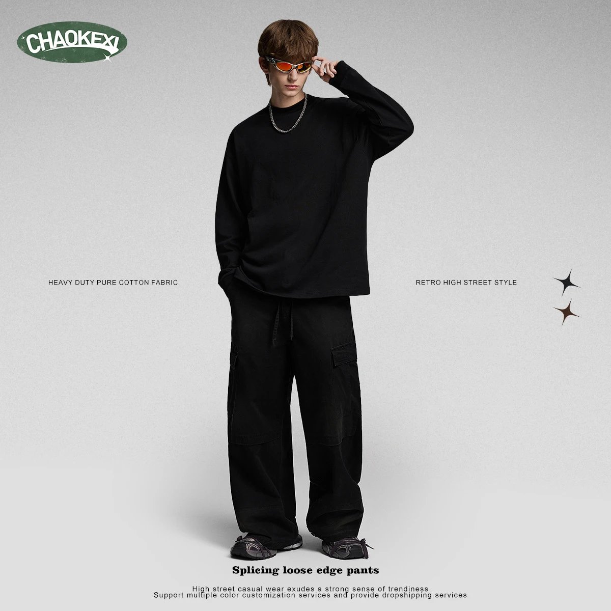 Men's Winter Baggy Cargo Fleece Pants, Washed Onyx Black - Gallery Image 5 - Detailed View