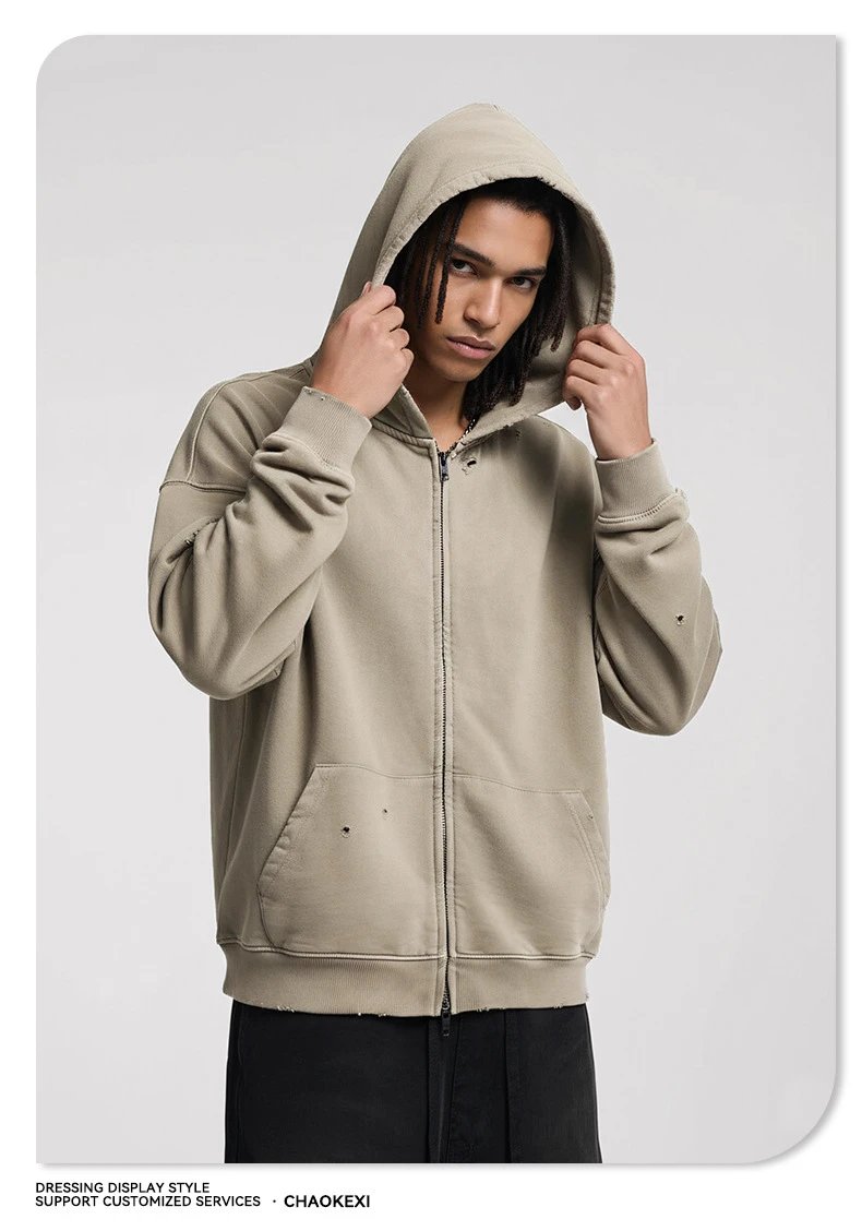 American High Street Cotton Zip Hoodie Retro Loose Men Taupe Khaki - Gallery Image 9 - Detailed View