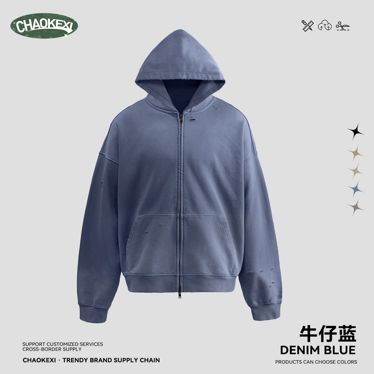 American Streetwear Cotton Zip Hoodie Retro Loose Men Denim Blue - CHAOKEXI（潮可喜） - Cnfans - $39.92
