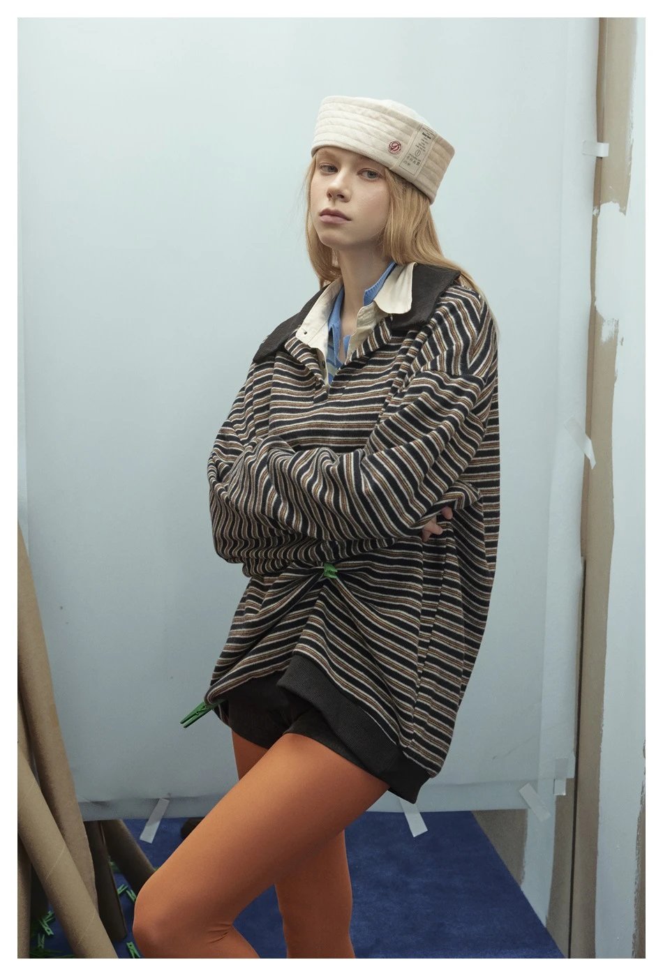 Oversized Striped Polo Shirt Unisex Long Sleeve Layered Obsidian - Gallery Image 6 - Detailed View