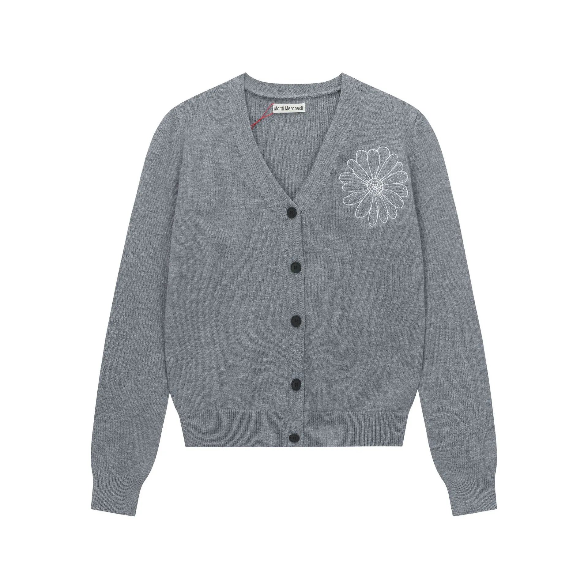 Women's Daisy Embroidered V-Neck Knit Cardigan, Ecru - Gallery Image 3 - Detailed View