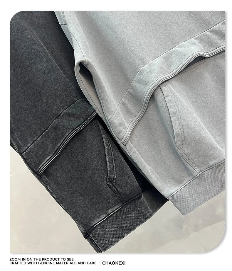 Men Heavyweight 430g Washed Pullover Hoodie Mud Gray - Gallery Image 8 - Detailed View