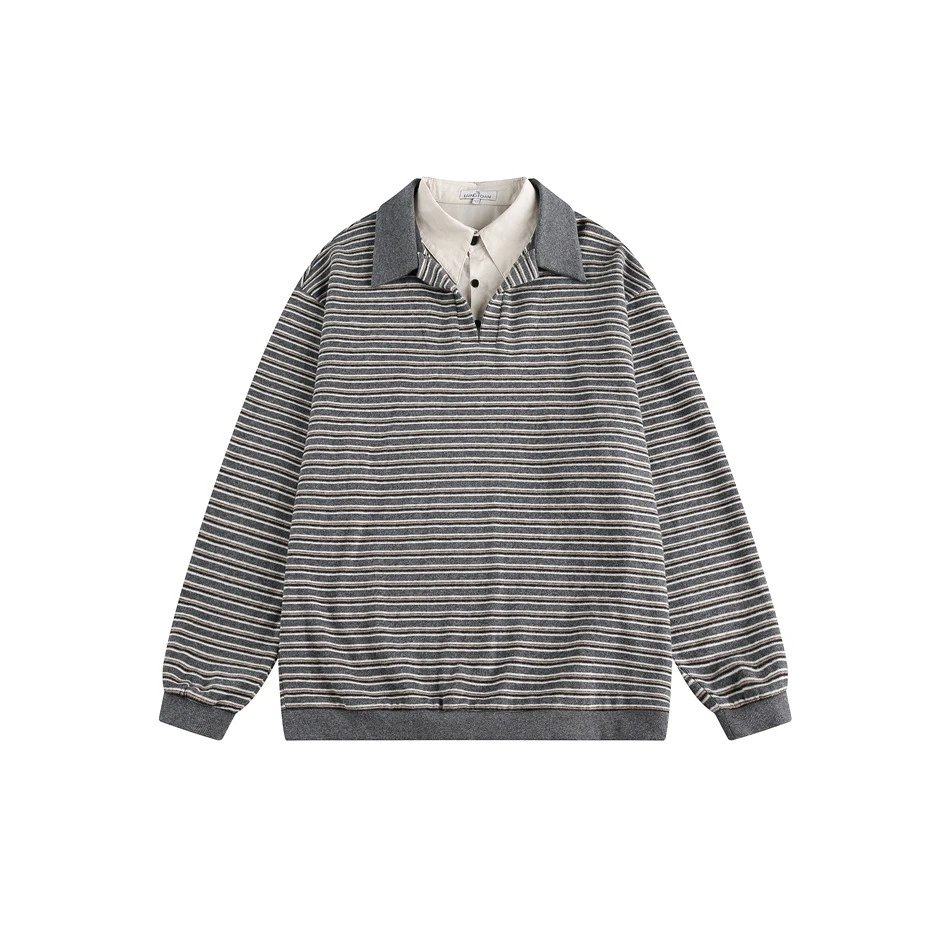 Oversized Striped Polo Shirt Unisex Long Sleeve Layered Obsidian - Gallery Image 10 - Detailed View