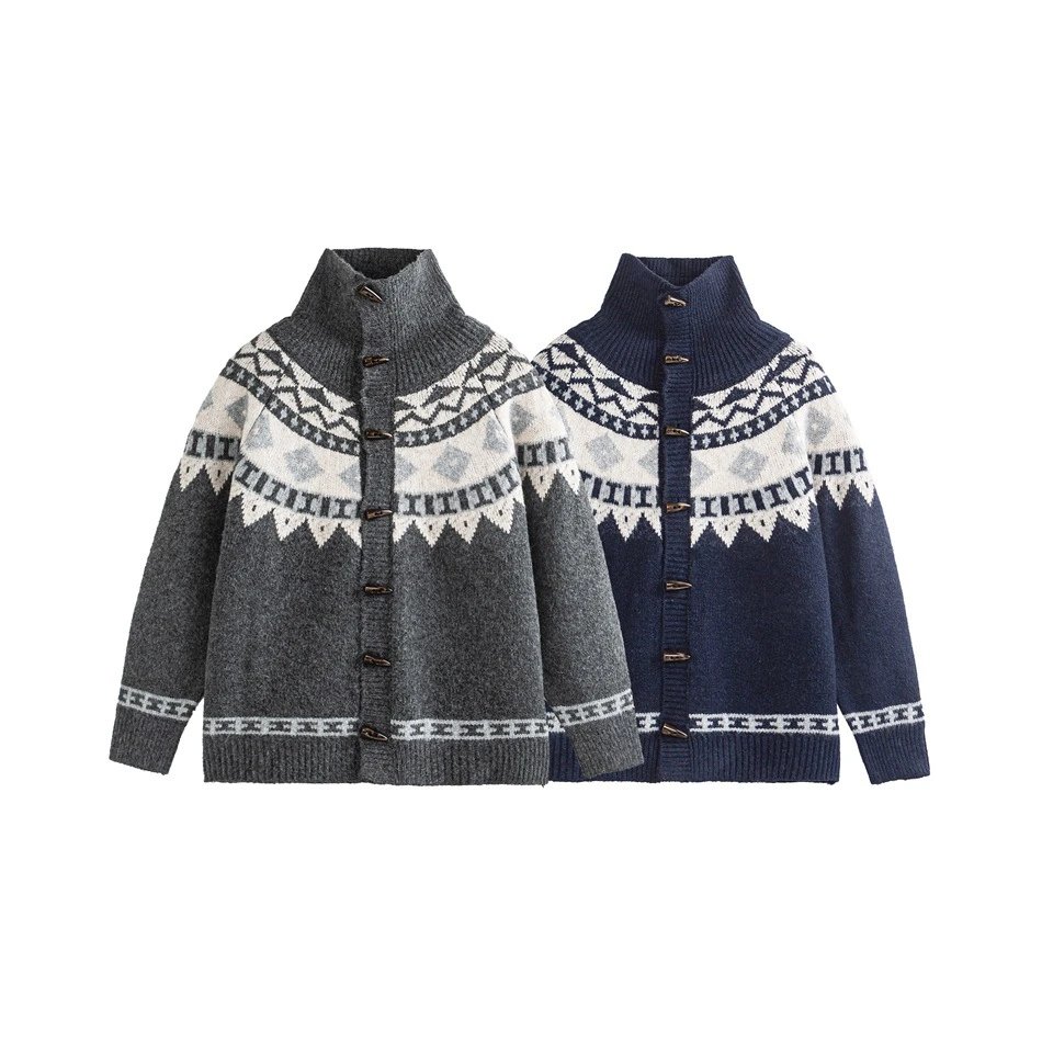 Retro Unisex Winter Fair Isle Knit Cardigan Deep Navy - Gallery Image 1 - Detailed View