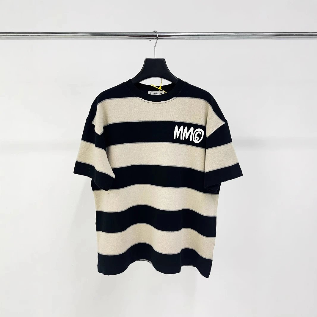 MM6 Striped Logo Tee Tan Black - Gallery Image 4 - Detailed View