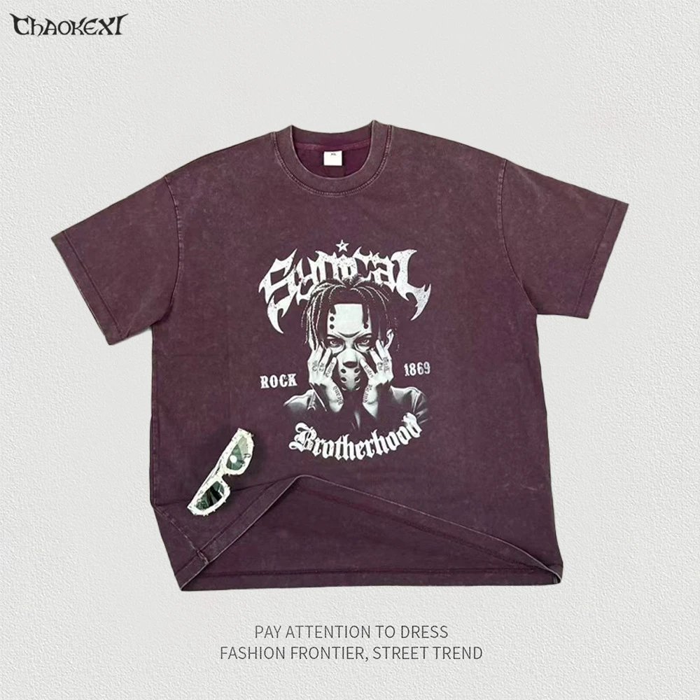 Summer Streetwear Cotton Graphic Tee Burgundy - CHAOKEXI - Cnfans - $22.26